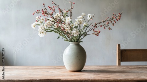 A light green vase holds a bouquet of white and red flowers on a wooden table.