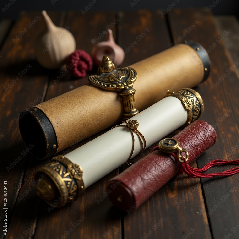 two rolled scrolls wooden table scrolls parchment paper golden colored metal handle intricate designs handle decorated red tassel gold colored lock scroll slightly larger than one right appears two rolled scrolls wooden table scrolls parchment paper golden colored metal handle intricate designs handle decorated red tassel gold colored lock scroll slightly larger than one right appears