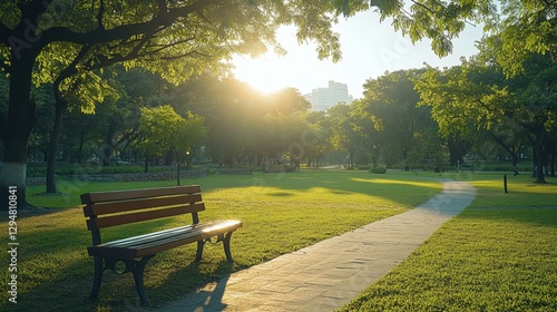 Serene park scene with sunlit pathway and wooden bench in lush greenery