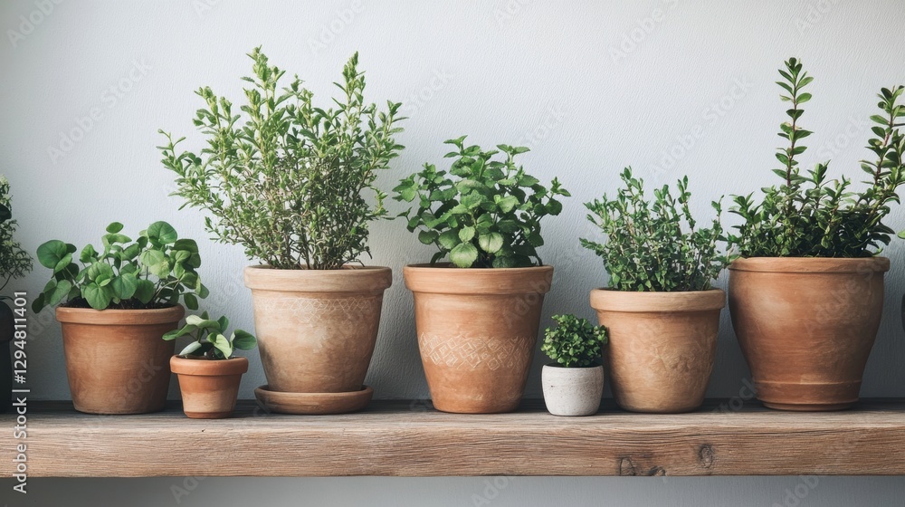 A collection of terracotta pots holding various herbs and plants, arranged on a rustic wooden shelf. A collection of terracotta pots holding various herbs and plants, arranged on a rustic wooden shelf.