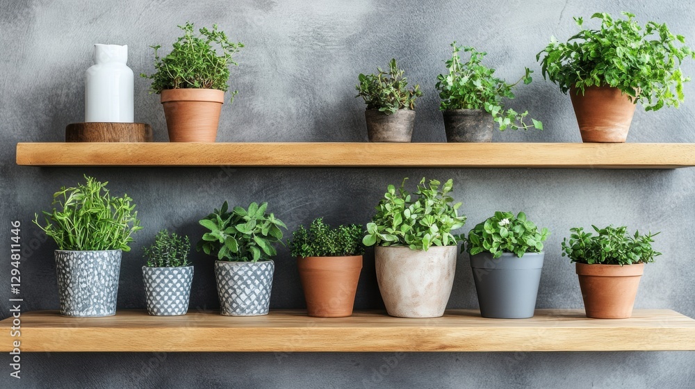 A set of wooden shelves displaying various potted plants and decorative items. A set of wooden shelves displaying various potted plants and decorative items.