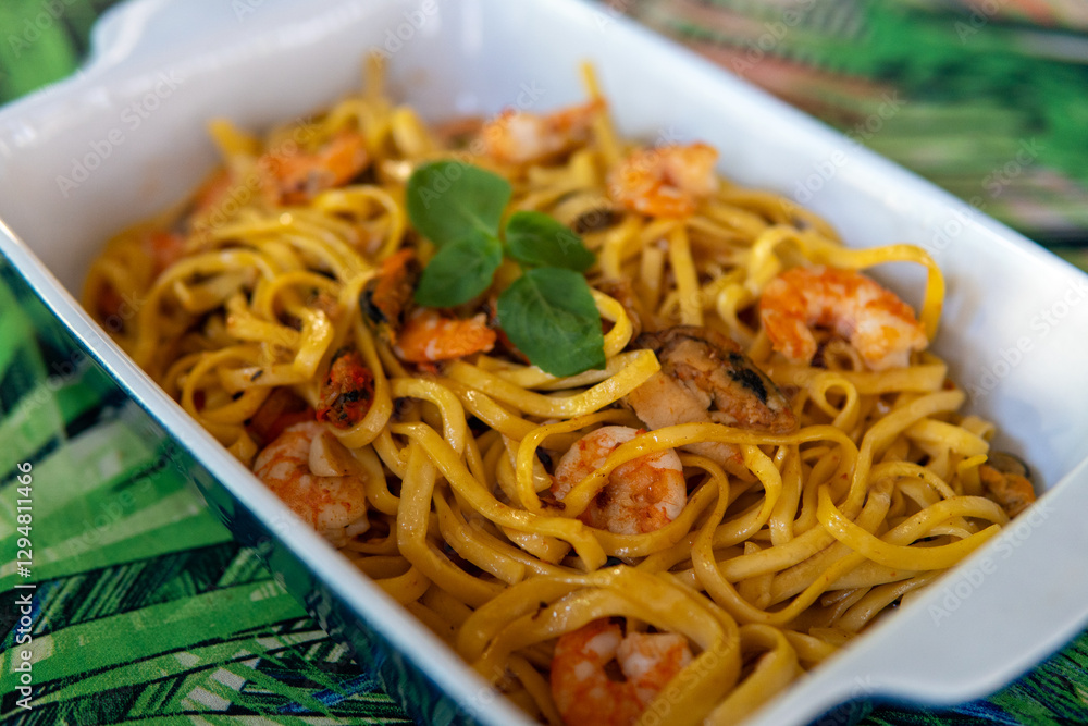 delicious and juicy shrimp noodles in vibrant colors