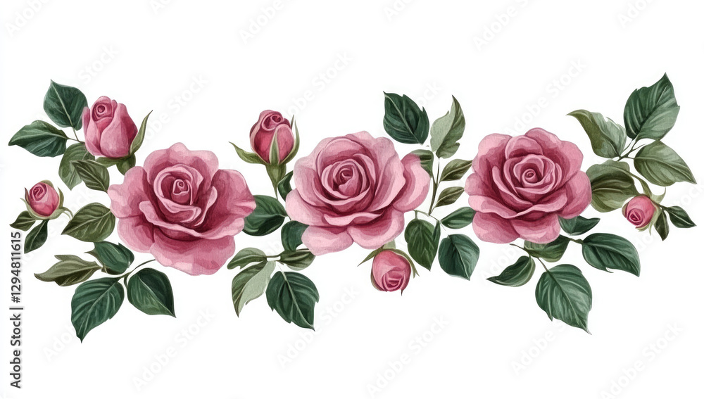 Fototapeta premium A decorative arrangement of pink roses and green leaves on a white background.