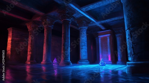 Mystical Ancient Hall with Glowing Crystals and Reflective Surface