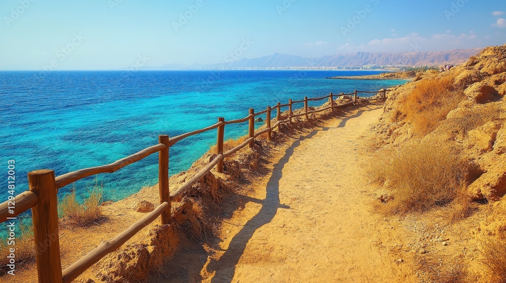 Scenic coastal pathway overlooking clear blue waters and rugged cliffs Scenic coastal pathway overlooking clear blue waters and rugged cliffs