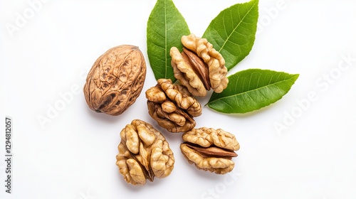 Wallpaper Mural Walnuts paired with a fresh green leaf, isolated on a white background. Macro shot, top-down view. Torontodigital.ca