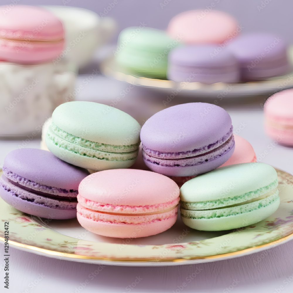 Obraz premium French macarons pastel colors sweet dessert gourmet bakery delicate treats elegant confections afternoon tea