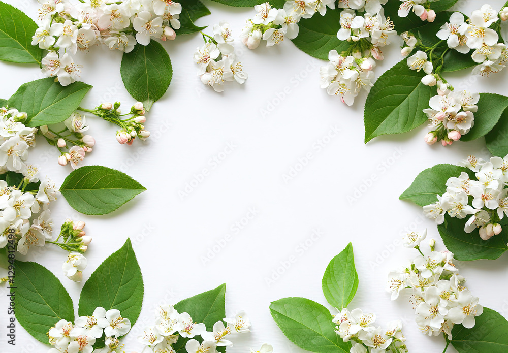 A decorative arrangement of white flowers and green leaves on a blank background. A decorative arrangement of white flowers and green leaves on a blank background.