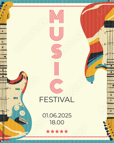 Vector banner or poster retro style for music festival with guitar on beige background, multicolored guitars, 70s style