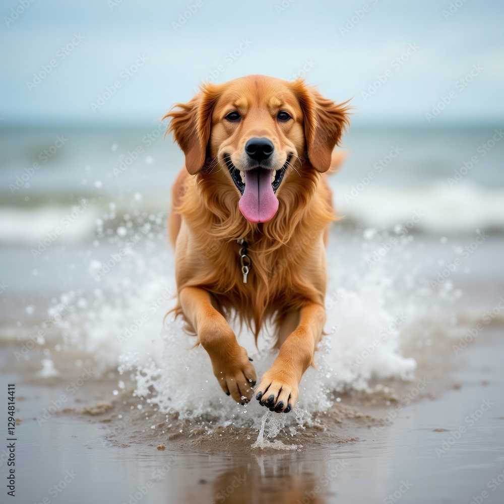 golden retriever dog running beach dog mid stride its front legs stretched out its tail wagging its mouth open its tongue sticking out panting panting water splashing around dog runs background golden retriever dog running beach dog mid stride its front legs stretched out its tail wagging its mouth open its tongue sticking out panting panting water splashing around dog runs background