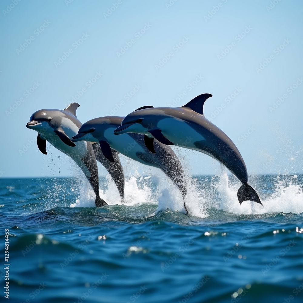 Fototapeta premium three dolphins jumping out water dolphins center their bodies facing towards side frame facing same direction appear mid jump water deep blue color small waves visible around dolphins sky clear blue