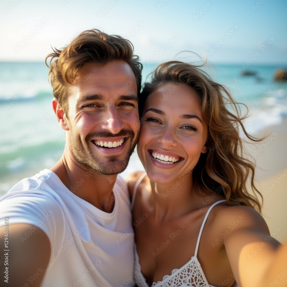 selfie young couple beach man side wearing white shirt has beard smiling widely looking camera big smile his face woman standing next him her arms around his waist she has long blonde hair blowing selfie young couple beach man side wearing white shirt has beard smiling widely looking camera big smile his face woman standing next him her arms around his waist she has long blonde hair blowing