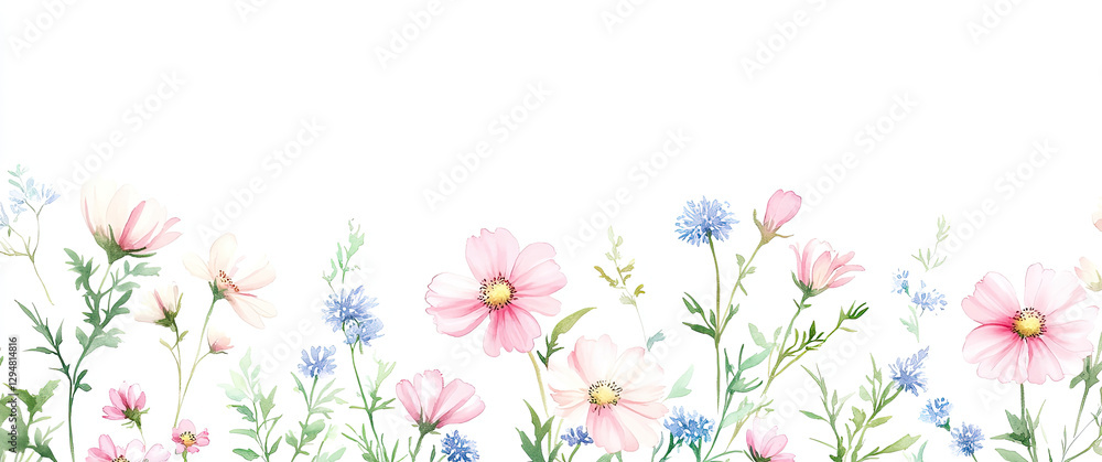 Fototapeta premium A delicate floral border featuring pink and blue flowers on a white background.