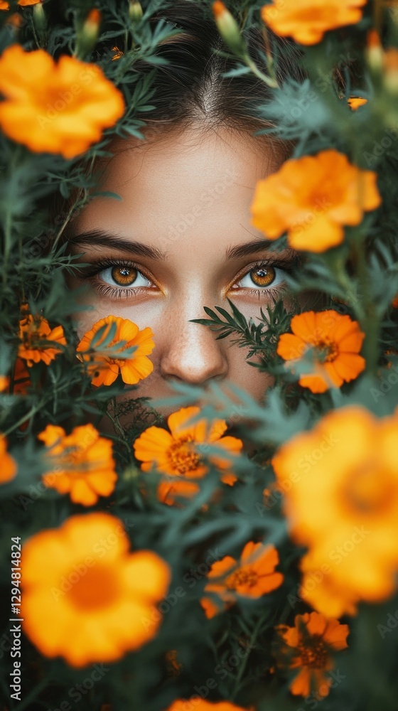Naklejka premium A dense patch of marigolds showcases bright orange and yellow flowers, framing a woman’s face with expressive eyes. This enchanting setting highlights the beauty of nature and floral elegance