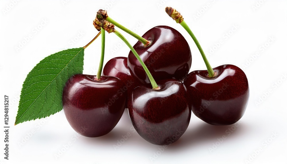 Fresh black cherries with green leaf on stem juicy fruit Fresh black cherries with green leaf on stem juicy fruit