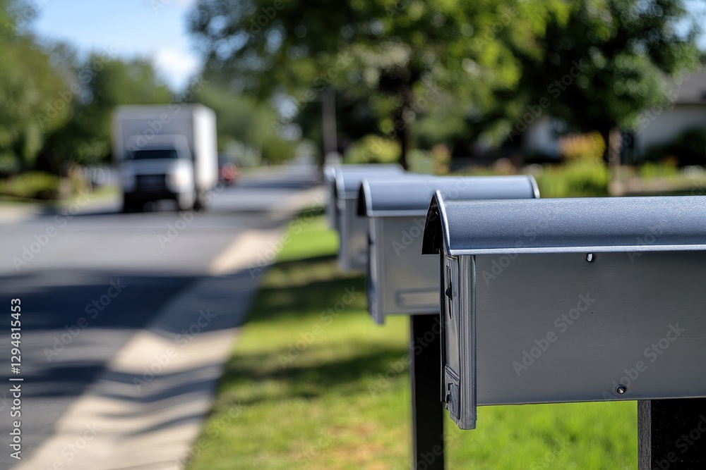 A neat row of silver mailboxes lining the street in a quiet suburban neighborhood, reflecting the organized charm and daily life of a residential area. A neat row of silver mailboxes lining the street in a quiet suburban neighborhood, reflecting the organized charm and daily life of a residential area.