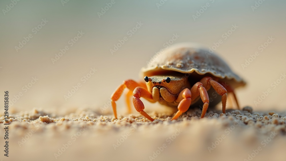 close hermit crab sandy beach crab facing towards right side its body slightly blurred background has small shell its back its legs stretched out front shell light brown color appears textured close hermit crab sandy beach crab facing towards right side its body slightly blurred background has small shell its back its legs stretched out front shell light brown color appears textured