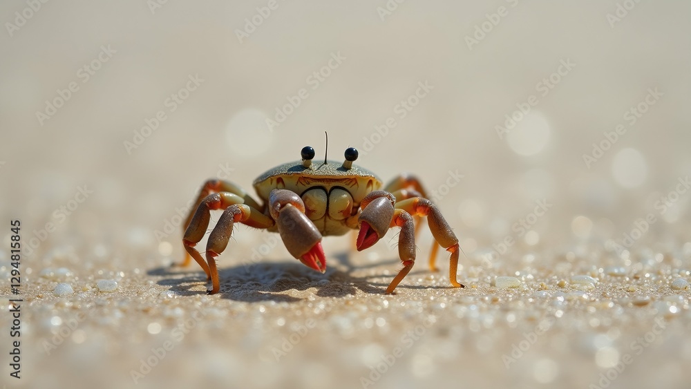 Fototapeta premium close crab sandy beach crab facing towards right side its body slightly blurred background has round head two small black eyes small antennae top its legs orange its claws sharp pointed sand around