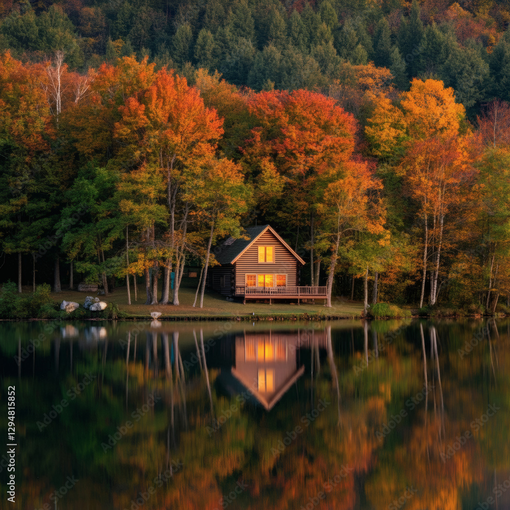 Obraz premium Cozy wooden cabin by tranquil lake in autumn forest with vibrant fall foliage peaceful seasonal retreat