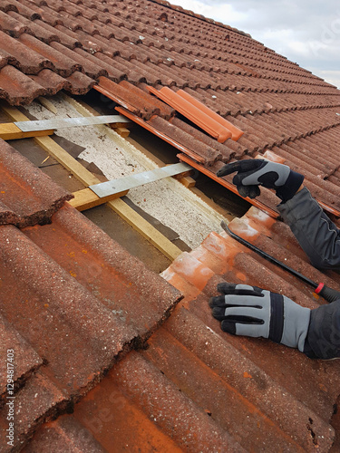man replaces broken roof shingles on the rooftop with new ones. closeup shot
