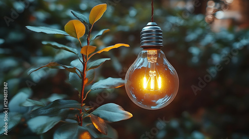 Hanging lightbulb in garden foliage photo