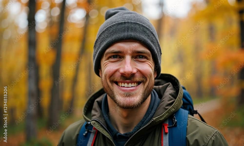 Hiker Surrounded by a Vibrant Fall Forest on an Autumn Trail Hiker Surrounded by a Vibrant Fall Forest on an Autumn Trail