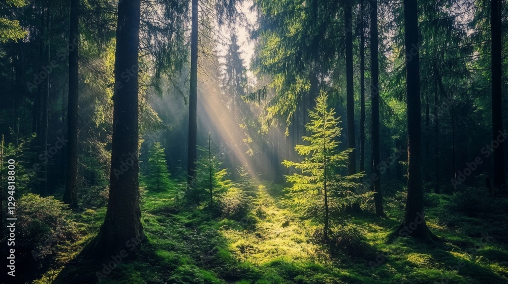 Obraz premium Sunbeams in a Lush Green Forest