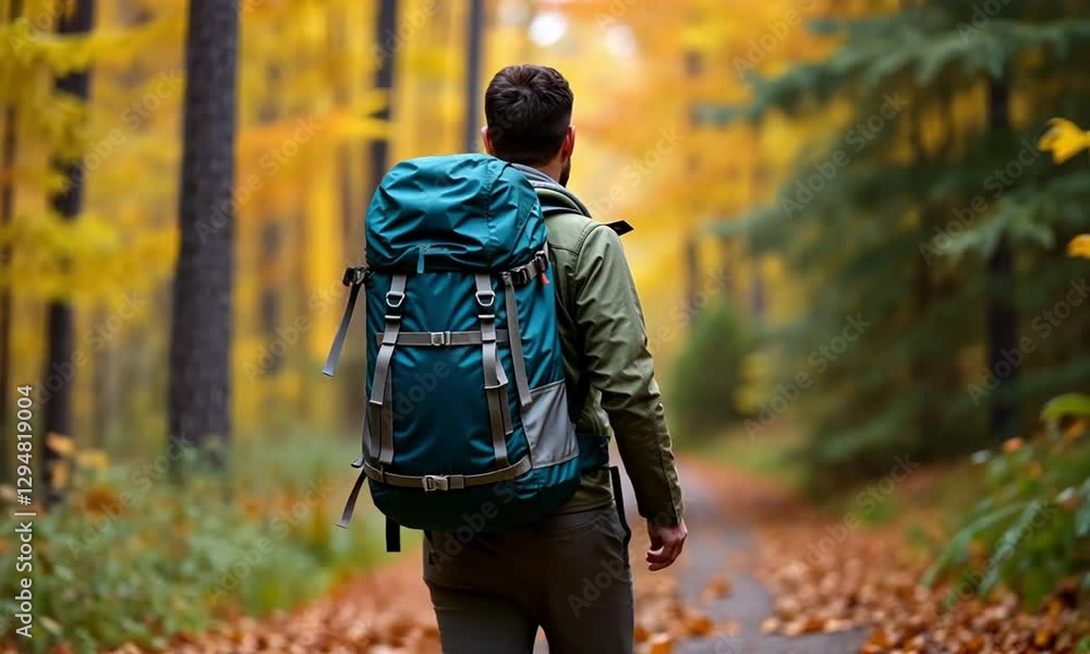 Hiker Surrounded by a Vibrant Fall Forest on an Autumn Trail Hiker Surrounded by a Vibrant Fall Forest on an Autumn Trail