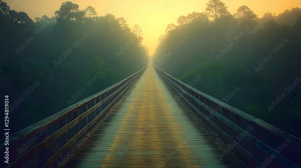 Fototapeta premium Misty Sunrise Bridge Path Through Forest
