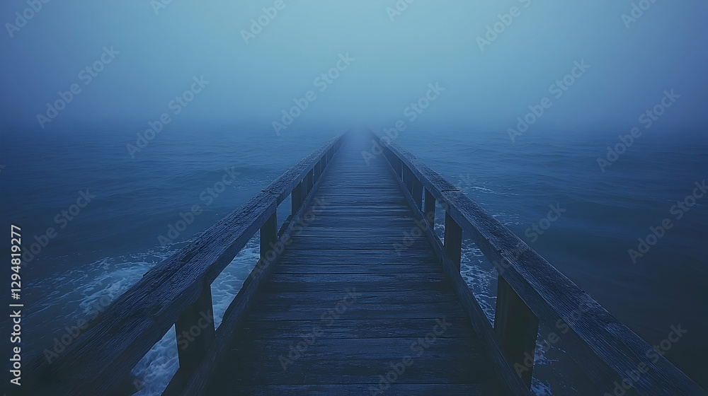 Naklejka premium Misty Wooden Pier Extends into Foggy Sea