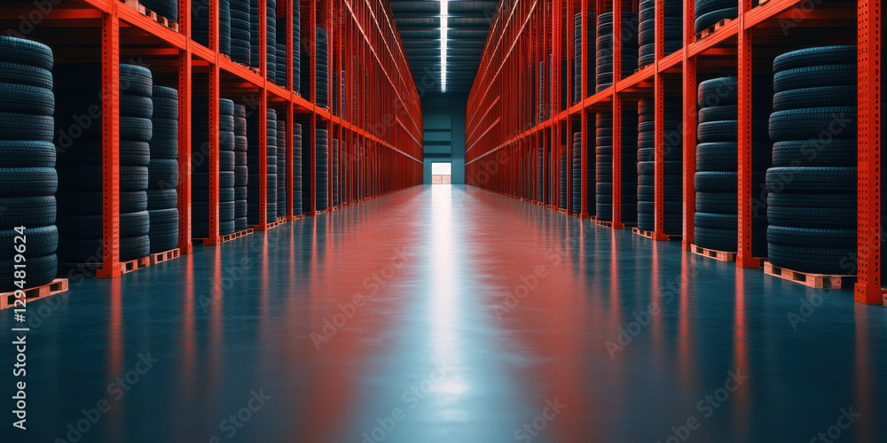 Fototapeta premium A warehouse filled with stacked tires demonstrates inventory management and storage techniques. The concept is wholesale.