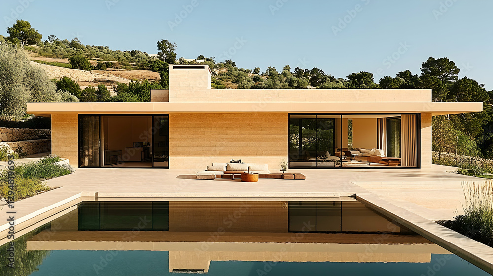 Fototapeta premium Modern Beige Villa with Pool & Terrace