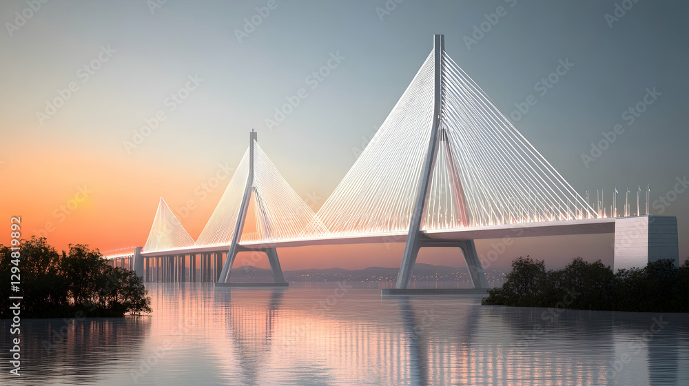 Obraz premium Modern Cable-Stayed Bridge at Dawn over River