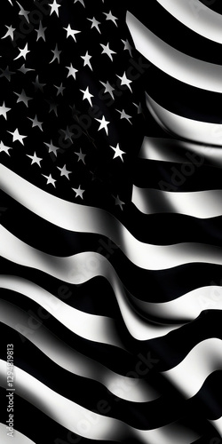A black and white American flag waving on a black background. Flag of USA.