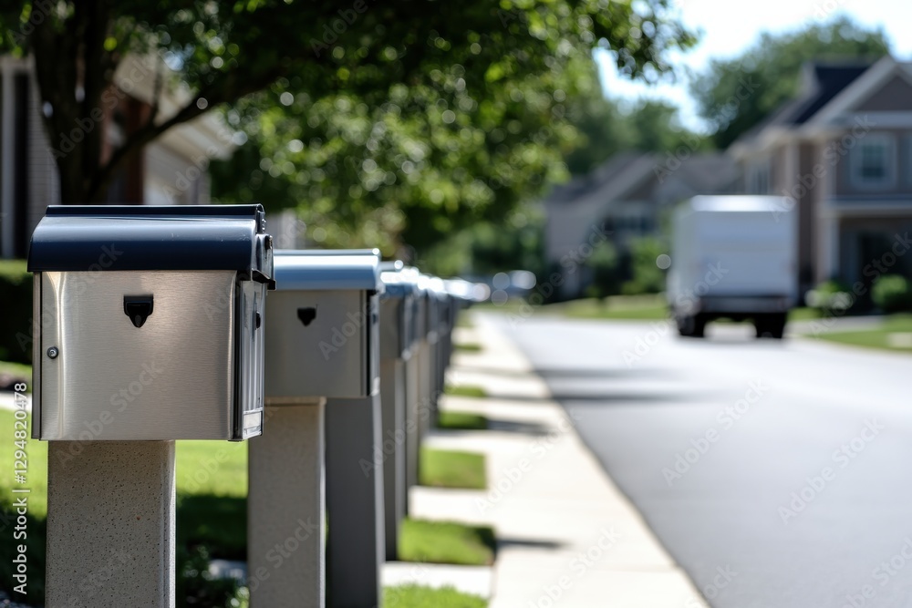 A line of stylish mailboxes stands in a residential neighborhood, illustrating community, functionality, and modern design in a peaceful suburban environment. A line of stylish mailboxes stands in a residential neighborhood, illustrating community, functionality, and modern design in a peaceful suburban environment.