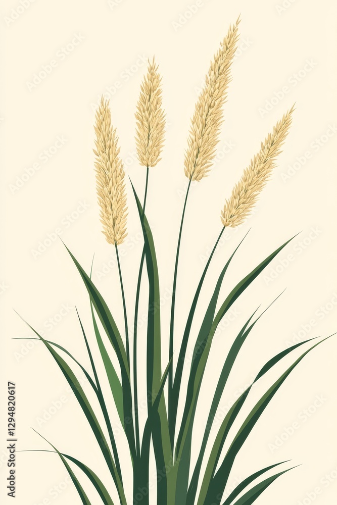 A minimalistic botanical illustration featuring tall grass-like plants with feathery plumes against a soft beige background A minimalistic botanical illustration featuring tall grass-like plants with feathery plumes against a soft beige background
