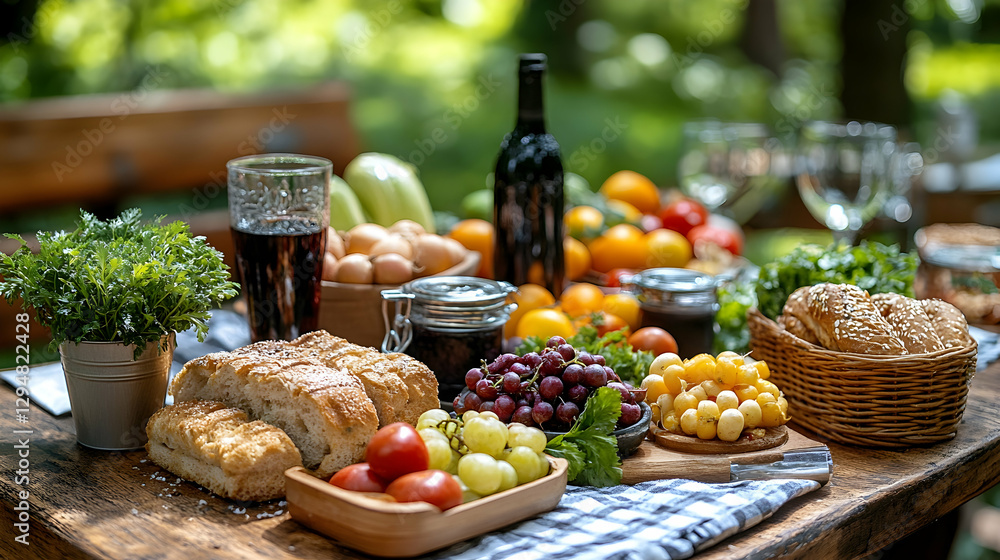 Outdoor picnic table laden with diverse food and drinks Outdoor picnic table laden with diverse food and drinks