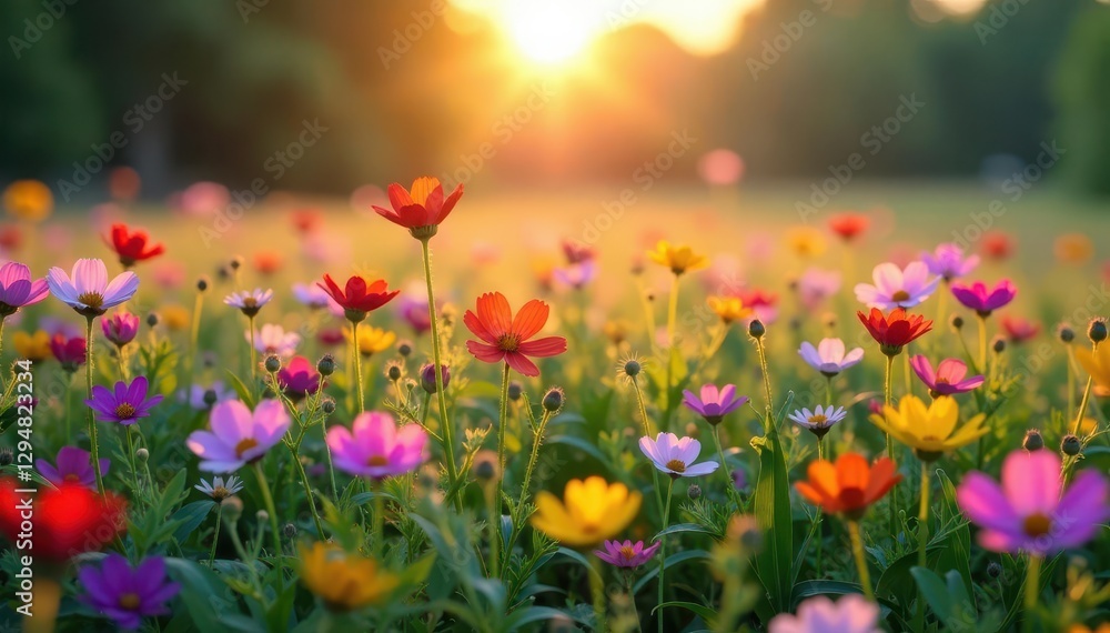 Field of colorful wildflowers swaying gently in the evening breeze, purple, colors Field of colorful wildflowers swaying gently in the evening breeze, purple, colors