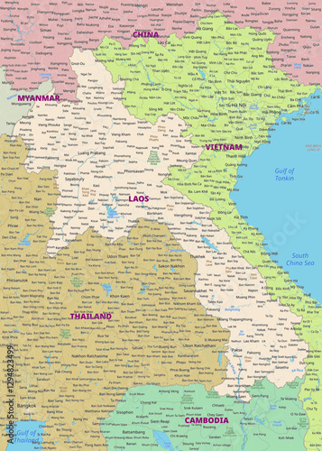 This detailed map showcases the geographical region of Southeast Asia, focusing on Thailand, Laos, Cambodia, Vietnam, and parts of Myanmar and China.
