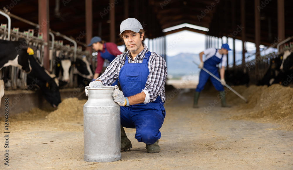 Focused male farm worker carrying big milk can walking in cowshed on dairy farm Focused male farm worker carrying big milk can walking in cowshed on dairy farm