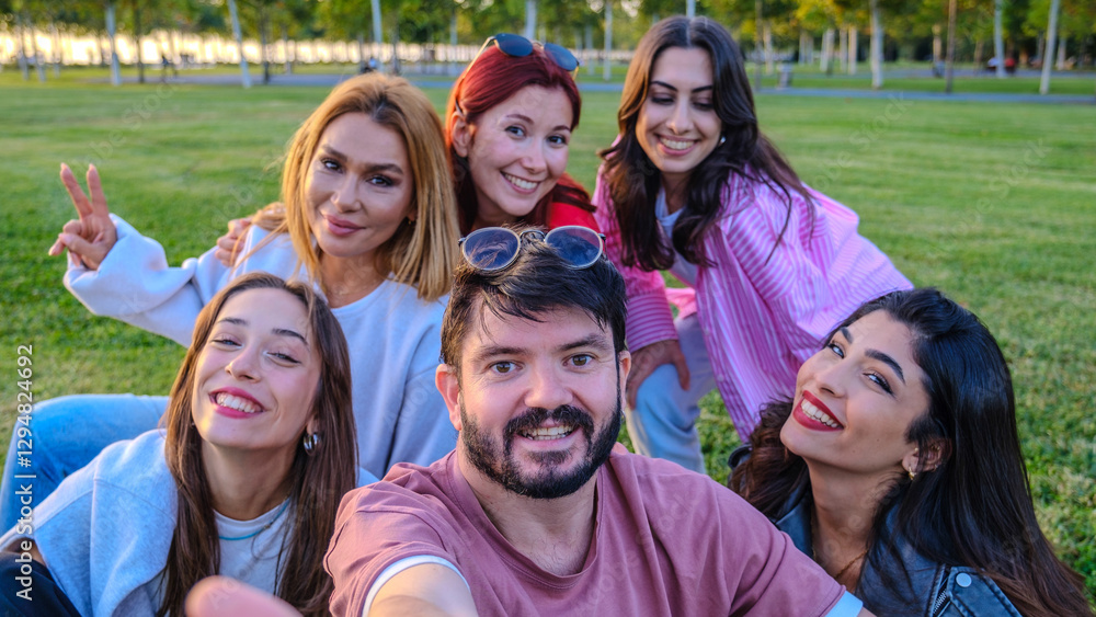 Obraz premium A large group of friends taking a selfie in a grassy park on a summer day, making funny faces