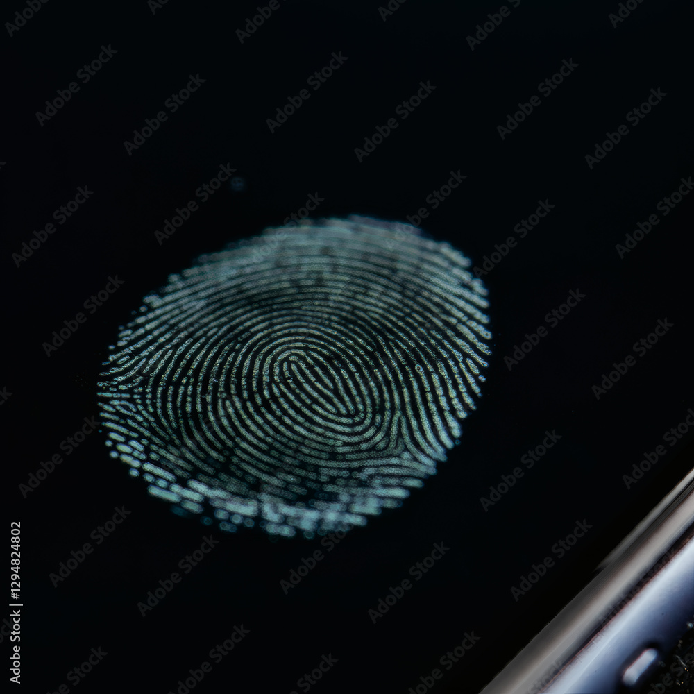 Close up of glowing fingerprint scan on smartphone screen representing biometric security identity recognition technology access