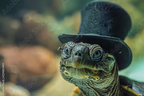 A close-up portrait of a turtle wearing a top hat and monocle, looking directly at the camera, A turtle wearing a top hat and monocle, looking very dapper