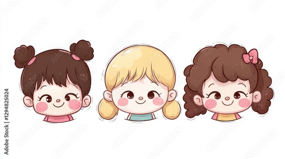 Adorable Cartoon Girls: A Trio of Sweet Smiles Adorable Cartoon Girls: A Trio of Sweet Smiles