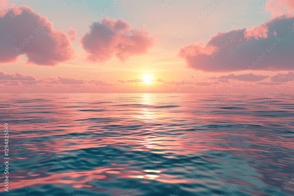 Obraz premium A peaceful scene of the sun setting over a calm ocean, with soft pink clouds in the sky, A tranquil sunset over the shimmering ocean