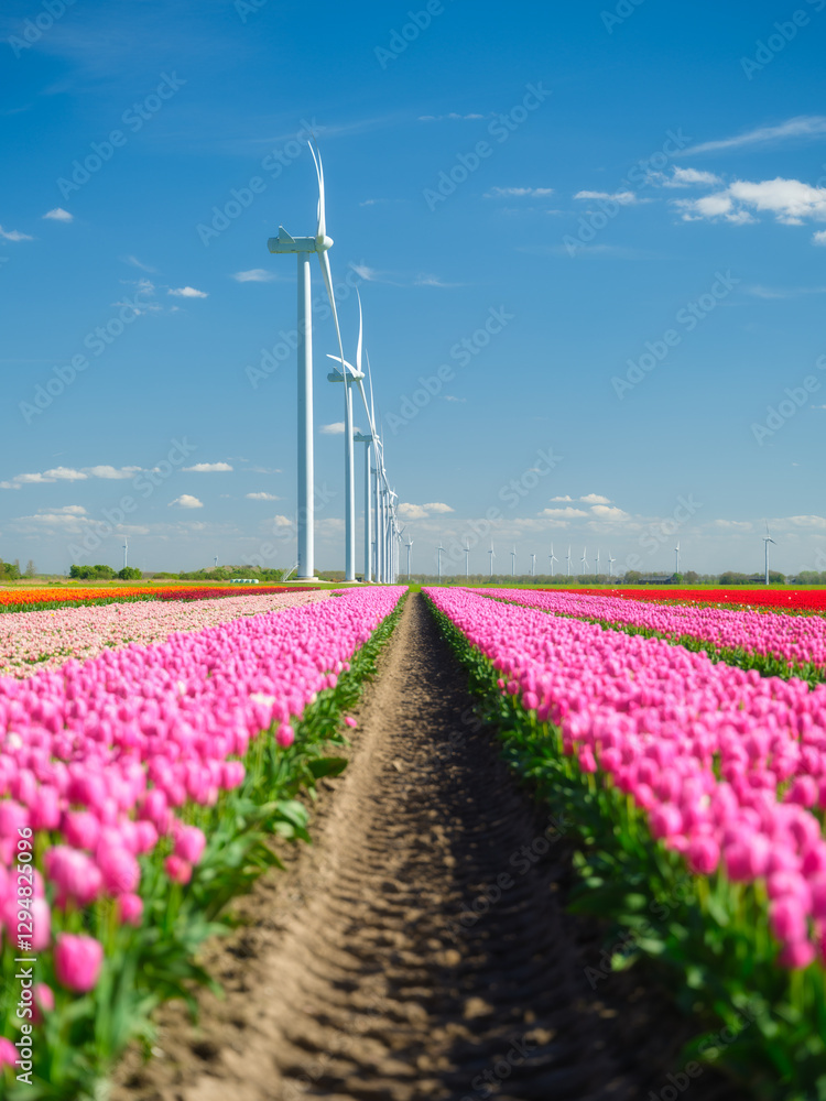 Field with tulips and wind turbines. A wind generator in a field in the Netherlands. Green energy production. Landscape with flowers at the day time. Photo for wallpaper and background.