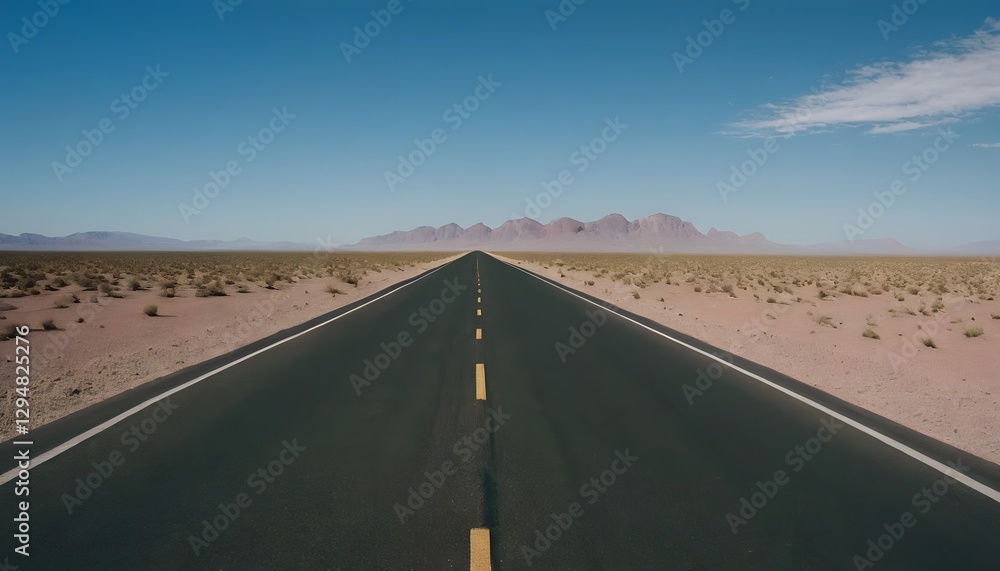Naklejka premium Endless Desert Highway Stretching into the Horizon Under a Vast Blue Sky