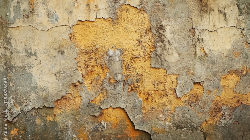 Fototapeta premium Close-up of peeling yellow and gray paint on a weathered wall