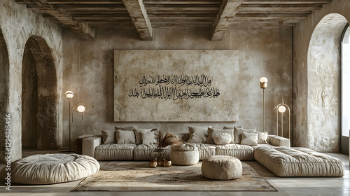 Rustic Living Room with Calligraphy Artwork