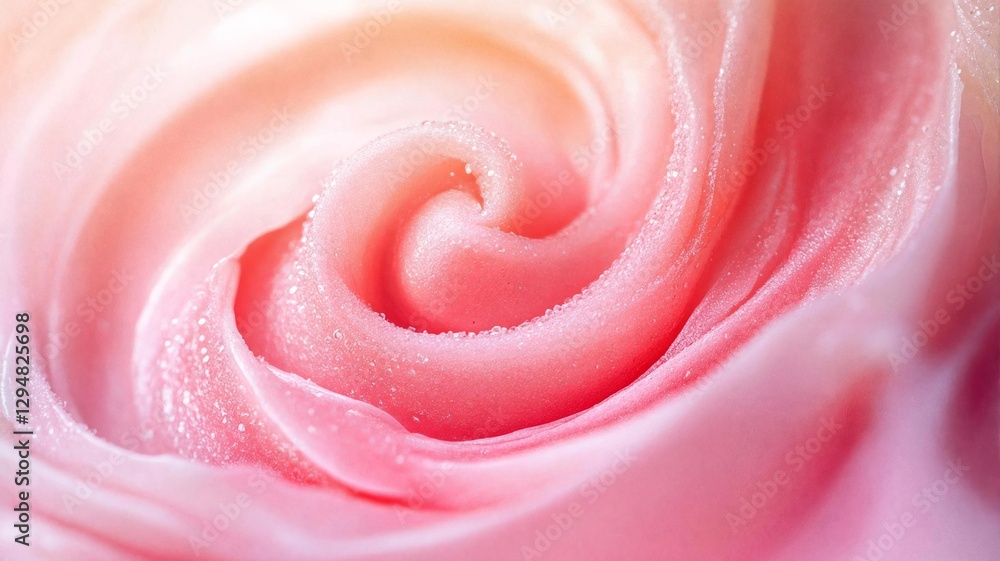 Pink swirl with water drops, macro shot. Sweet concept. Background for design, banner, poster Pink swirl with water drops, macro shot. Sweet concept. Background for design, banner, poster